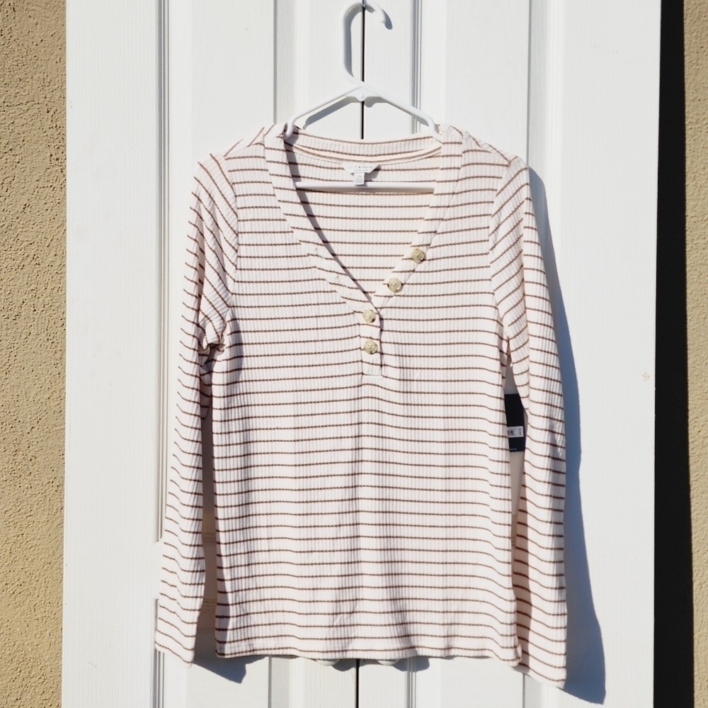 Lucky Brand V-neck Striped Long-Sleeve Top size Large NWT